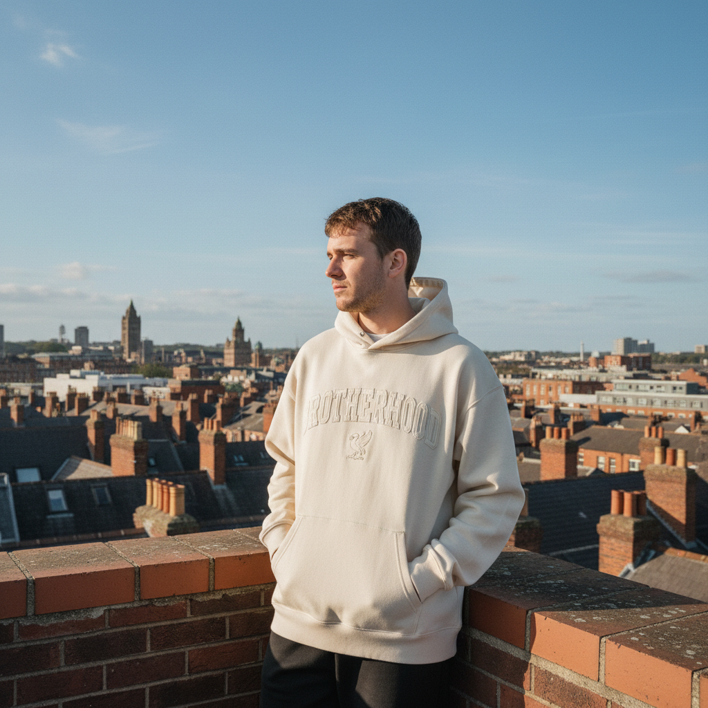 Hoodie worn by model, side view showing embroidered detail
