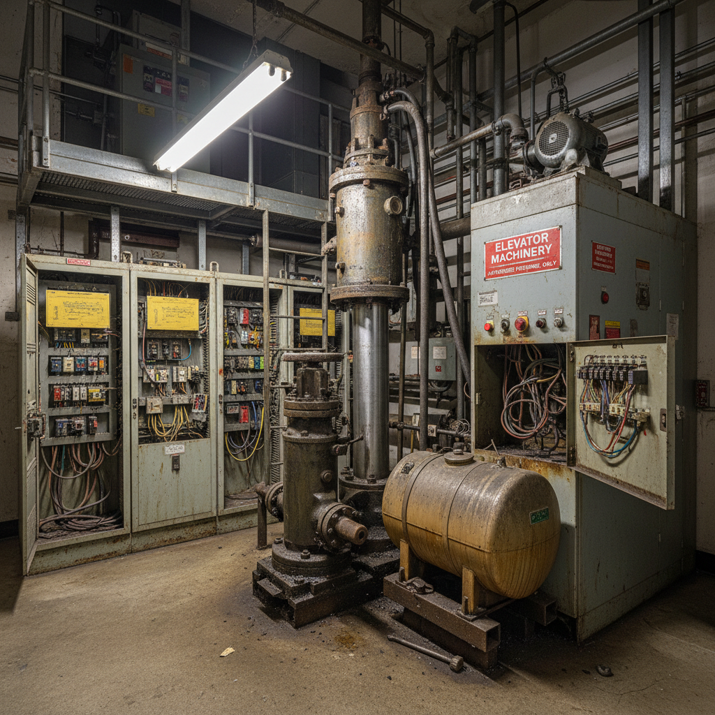 Commercial building elevator machine room with aging hydraulic equipment, control panels, and inspection access points
