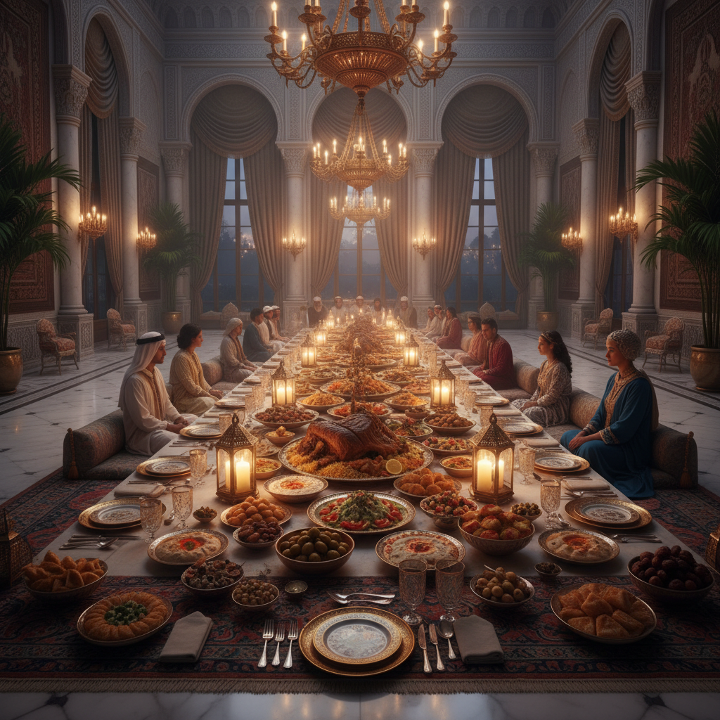 Wide shot of a grand banquet hall with a long sufra laid on the floor covered in dishes