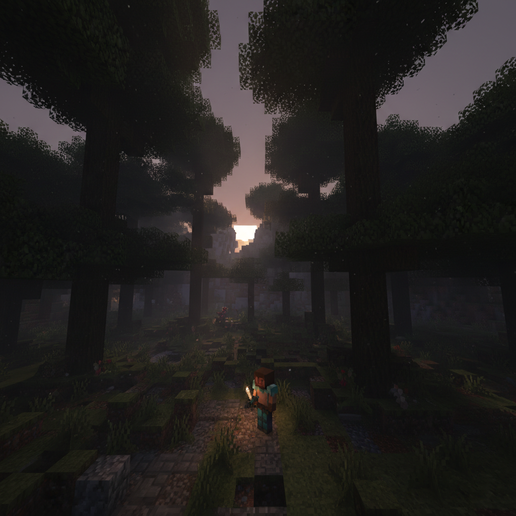 Minecraft survival mode player character in a dense forest at night