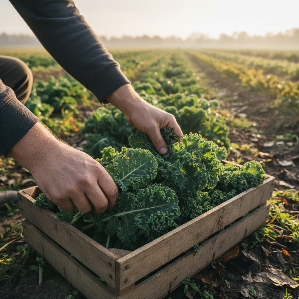 Hands gathering dew-wet kale leaves in early morning light, mist rising from the garden bed, wooden trug basket beside worn boots