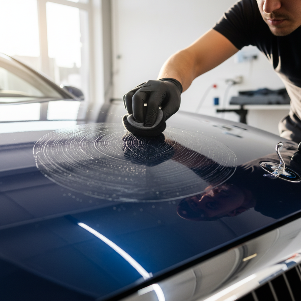 Detailer polishing a dark blue car hood outdoors in a driveway, bright natural sunlight