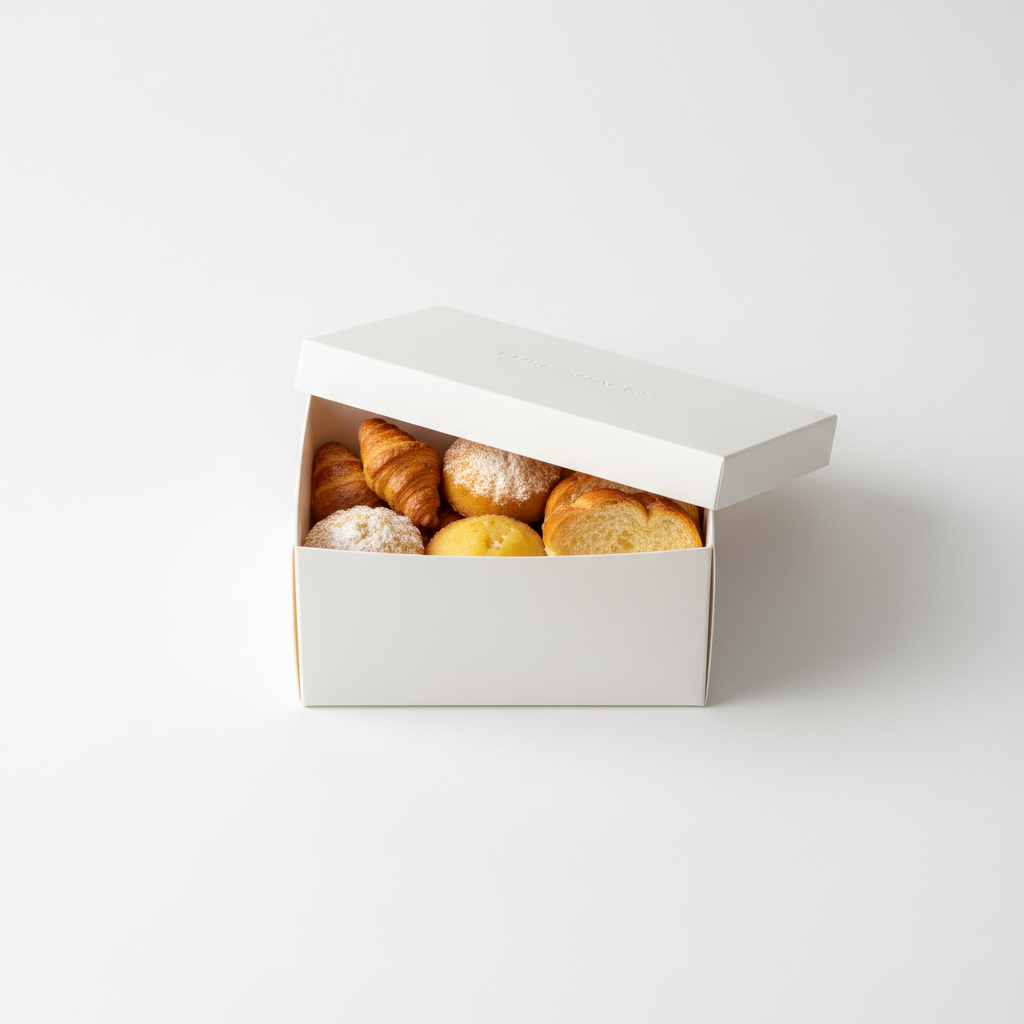 Elegant gift hamper box filled with assorted pastries and croissants, warm toned packaging, premium gifting