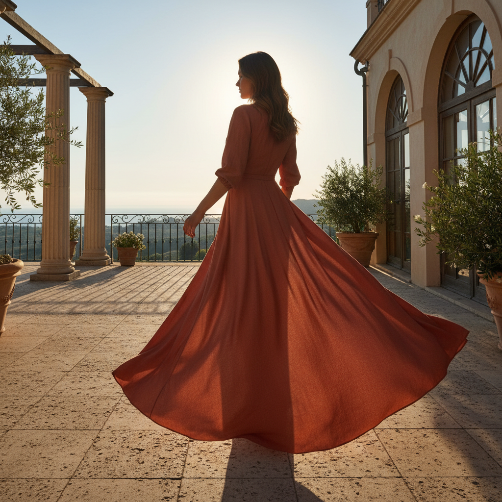 Flowing maxi wrap dress on model, airy outdoor setting, natural light