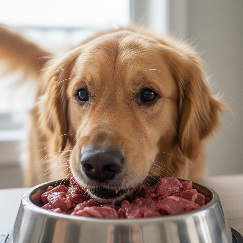 Golden retriever with muzzle deep in a glistening raw meat bowl, tail blurred with excitement