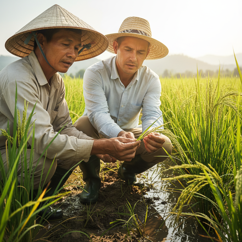 Extension scientist crouching beside a farmer in standing paddy field, both examining a leaf with sunlight across their hands