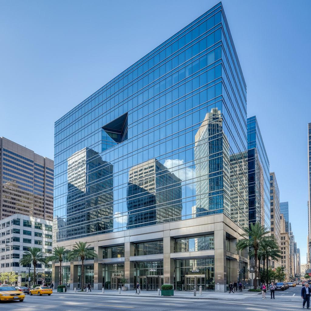 Modern Saudi corporate office building exterior, glass facade, professional business district, bright daylight