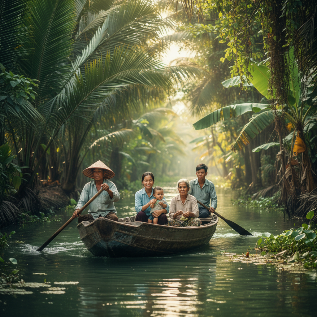 Multi-generational family on a wooden sampan navigating the green waterways of the Mekong Delta, surrounded by lush vegetation