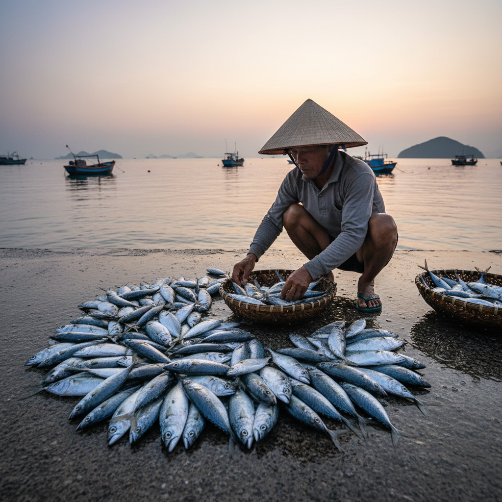 Vietnamese fisherman sorting fresh mackerel at dawn on wet concrete dock