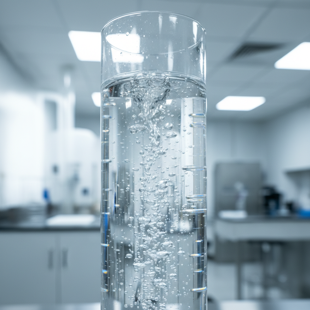 Sparkling water in tall glass cylinder with bubbles rising, laboratory environment background