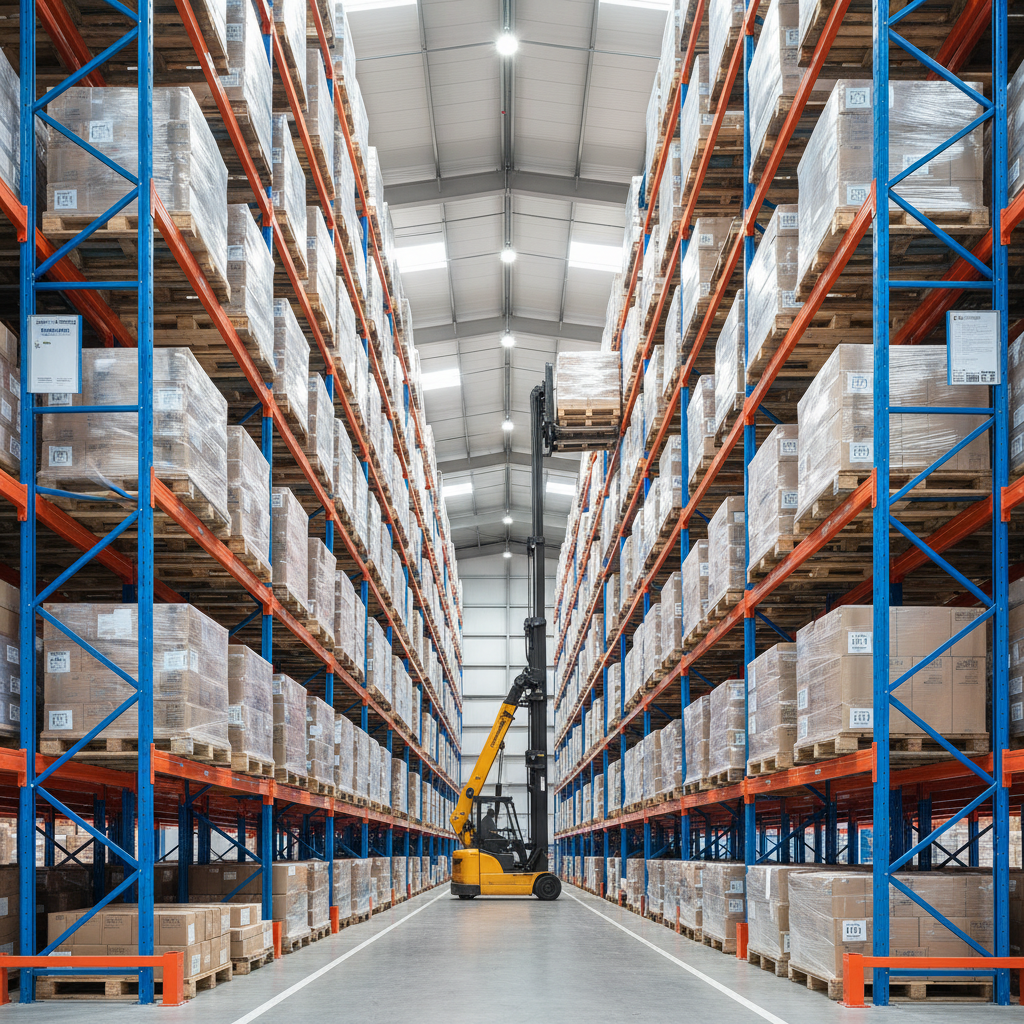 Tall orange metal pallet racking system in industrial warehouse, organized rows of shelving under bright overhead lights, dark steel structure
