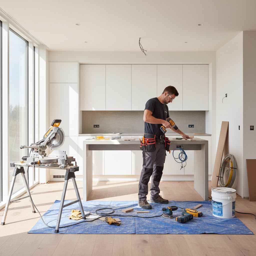 Professional home renovation project in progress, well-lit construction work