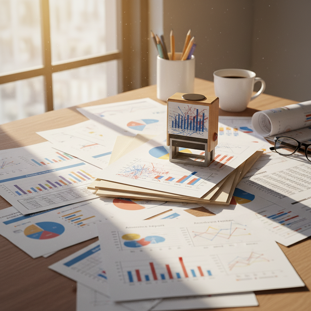Business analytics reports and data charts spread across a bright office desk, professional research environment
