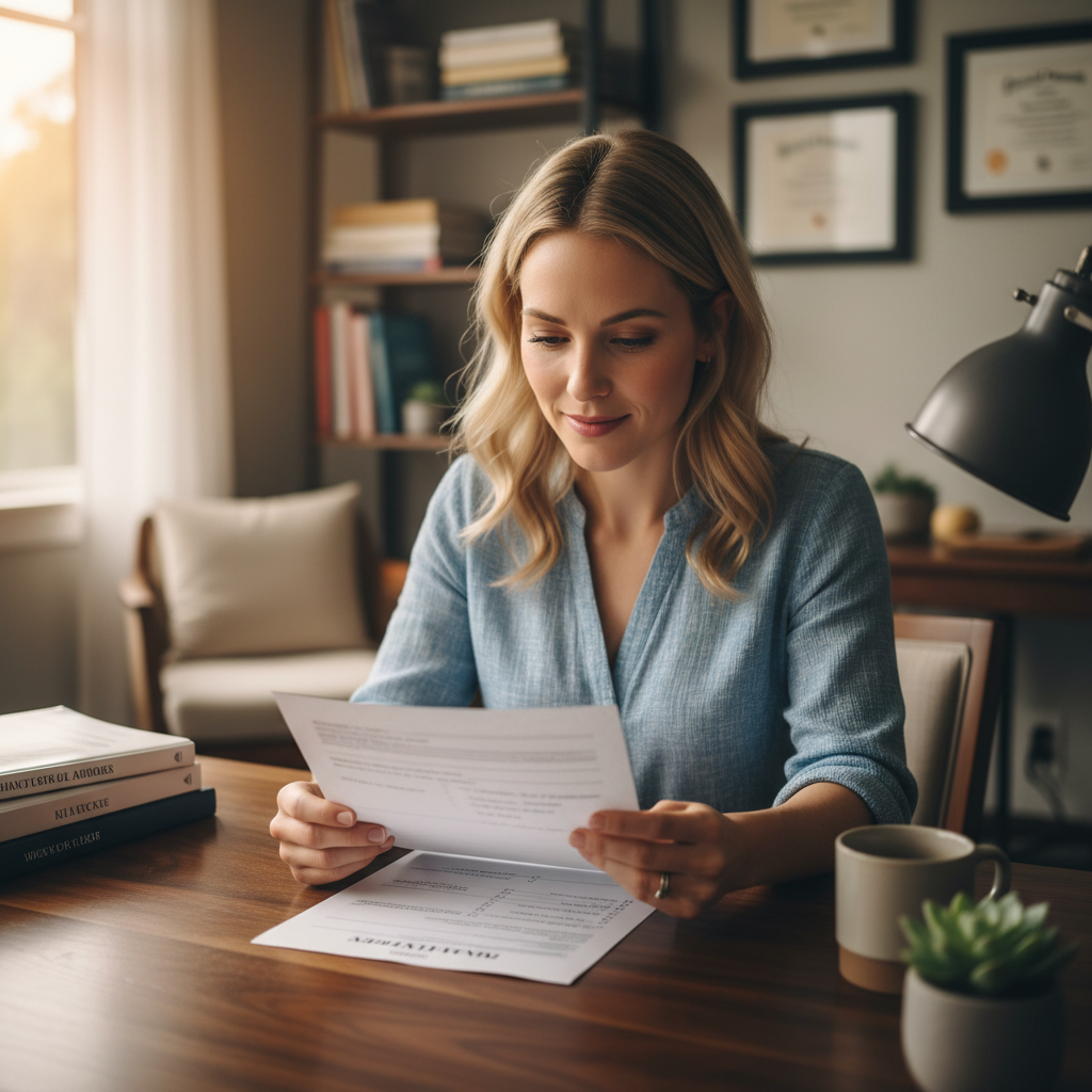 Chiropractor at desk reviewing patient intake form in a calm, warmly lit consultation room