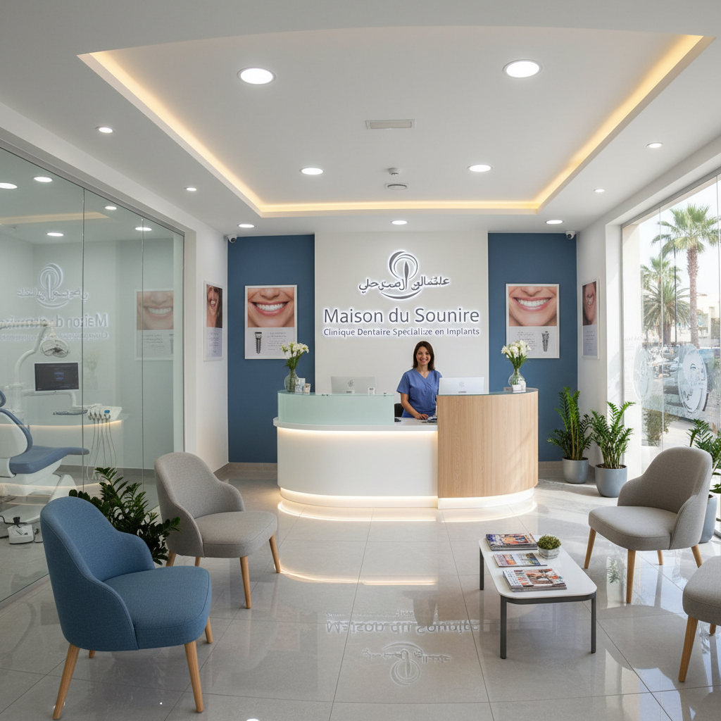 Professional woman office manager smiling at dental reception desk