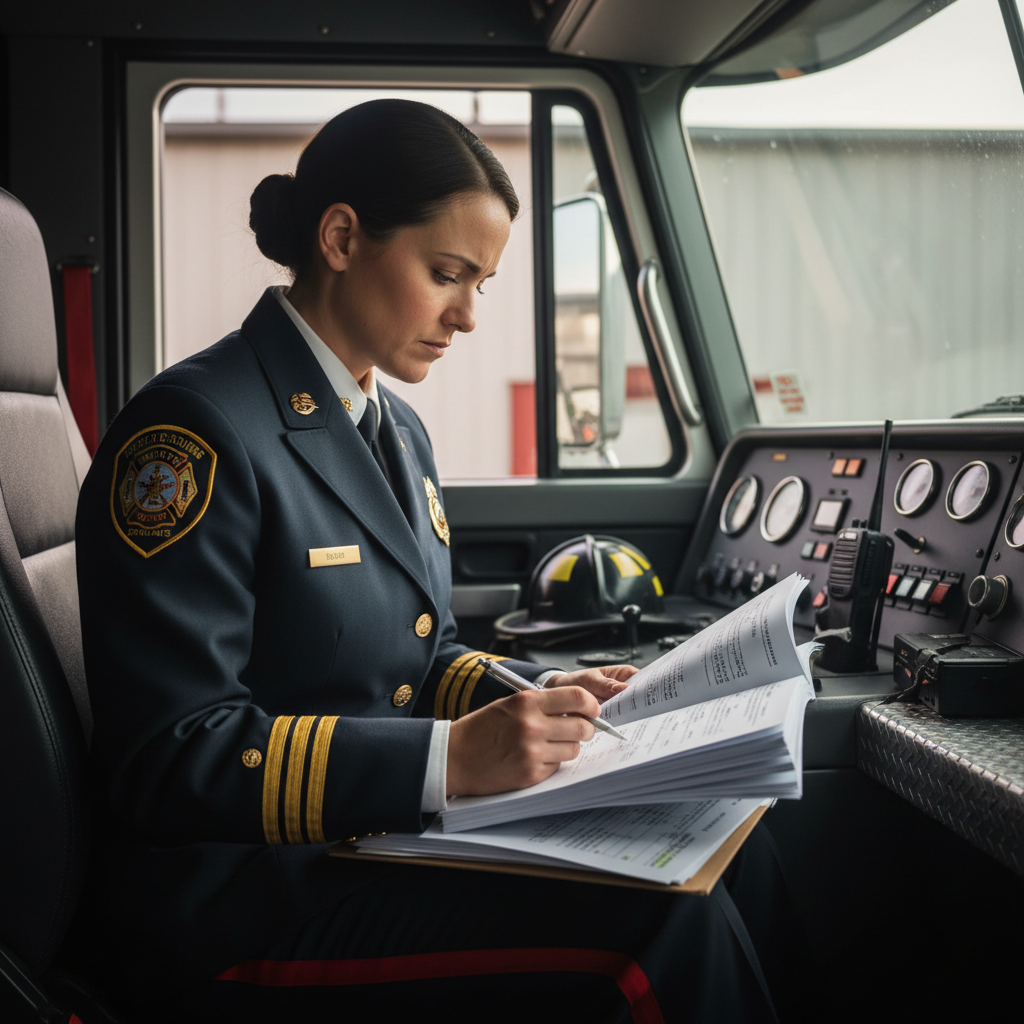 Lieutenant Sofia Nguyen reviewing promotional exam materials in apparatus cab