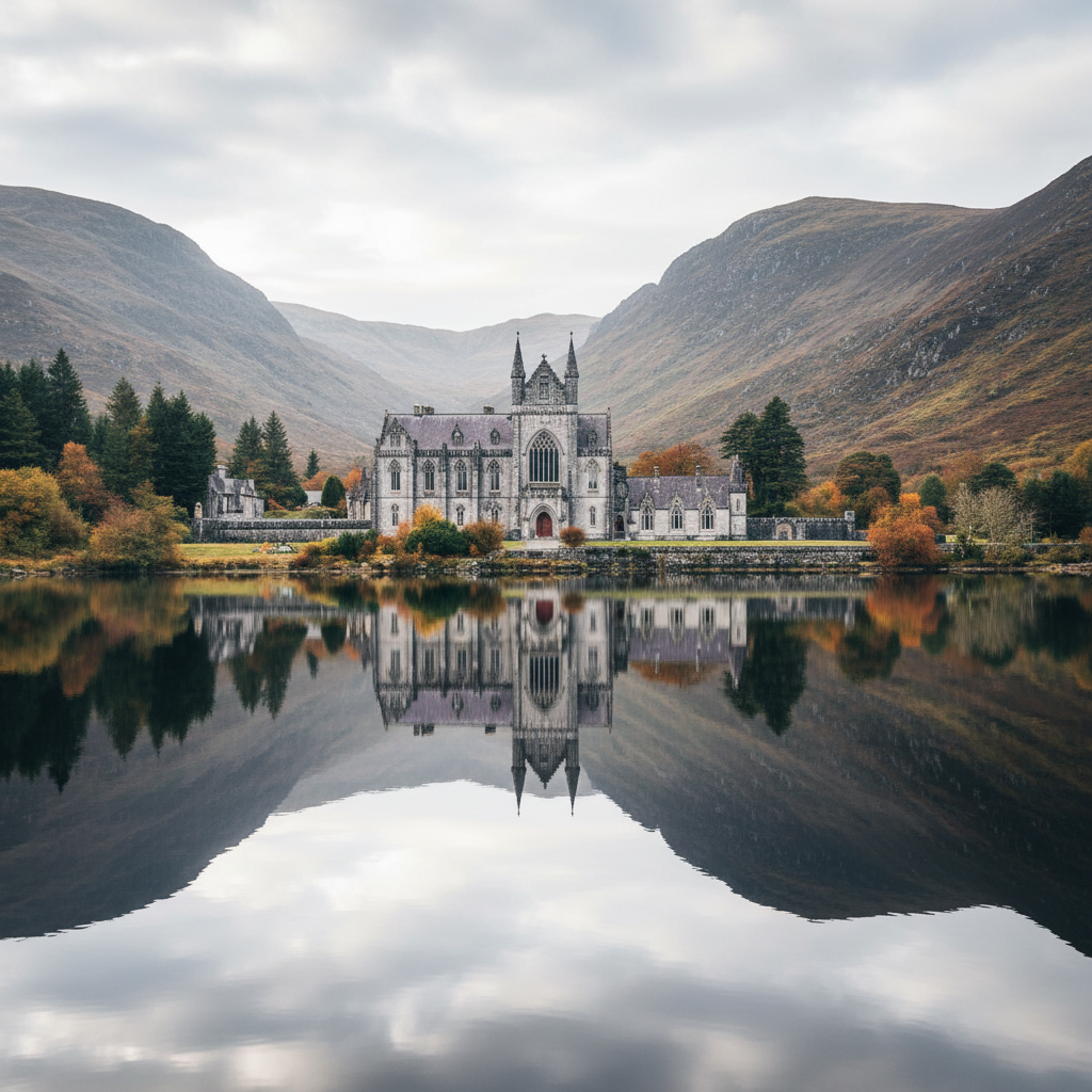 Kylemore Abbey reflected in the lake in Connemara Ireland