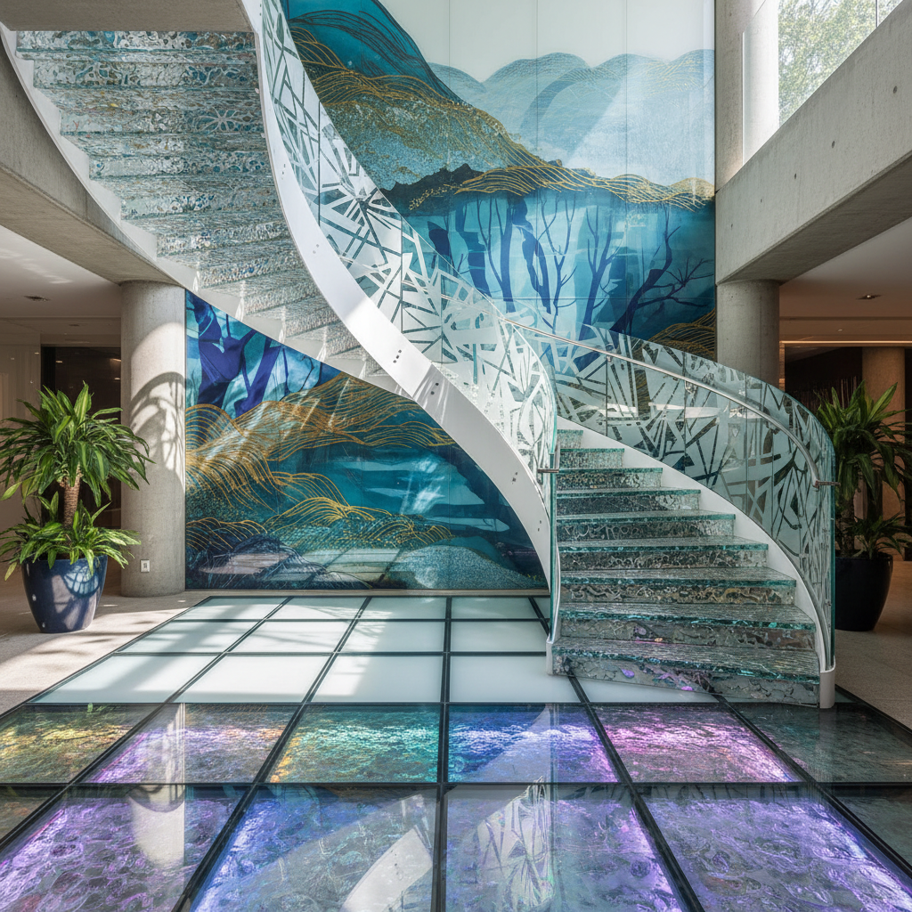 Abstract close-up of architectural glass panels with geometric pattern, translucent blue-green tones, modern building material