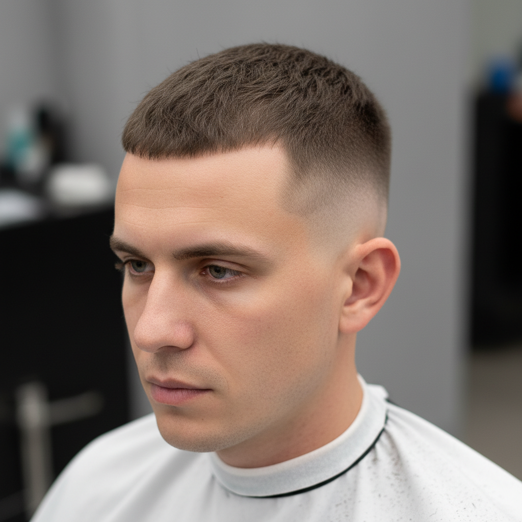 Close-up of a sharp skin fade haircut with clean lines on the side of a man's head