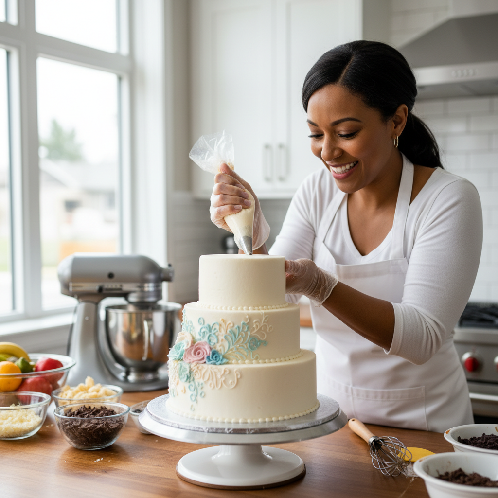 Baker in apron smiling warmly in a bright home kitchen, holding a beautifully decorated celebration cake