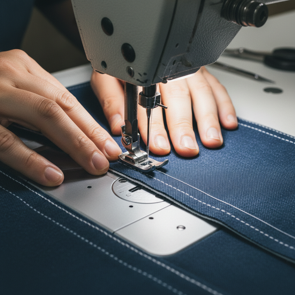Hands pulling fabric through an industrial sewing machine in a heritage tailor shop