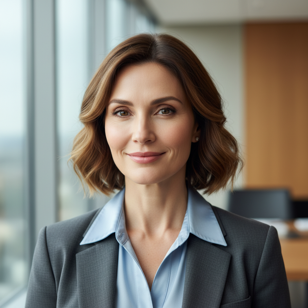 Professional woman with brown hair in business attire smiling at camera