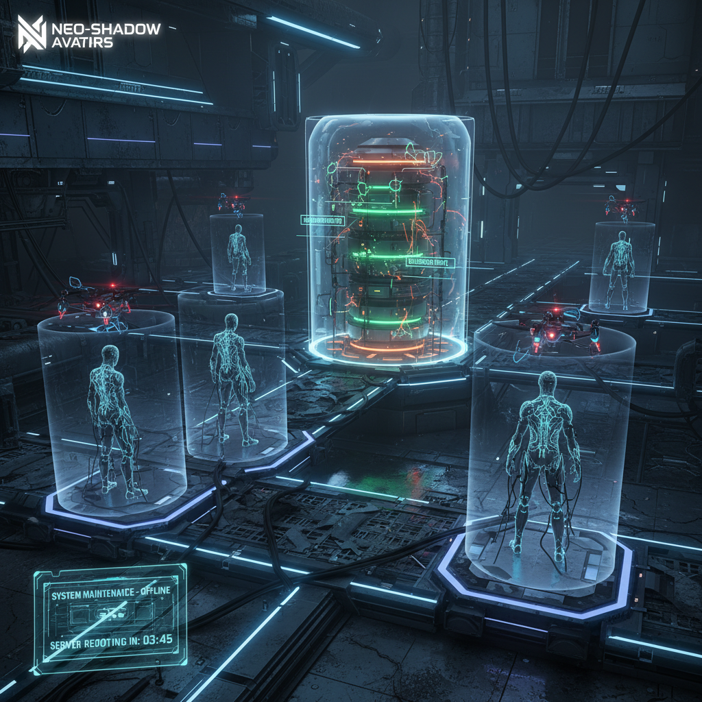 Virtual metaverse world with dark atmospheric environment and dim neon-lit digital landscape deep shadows