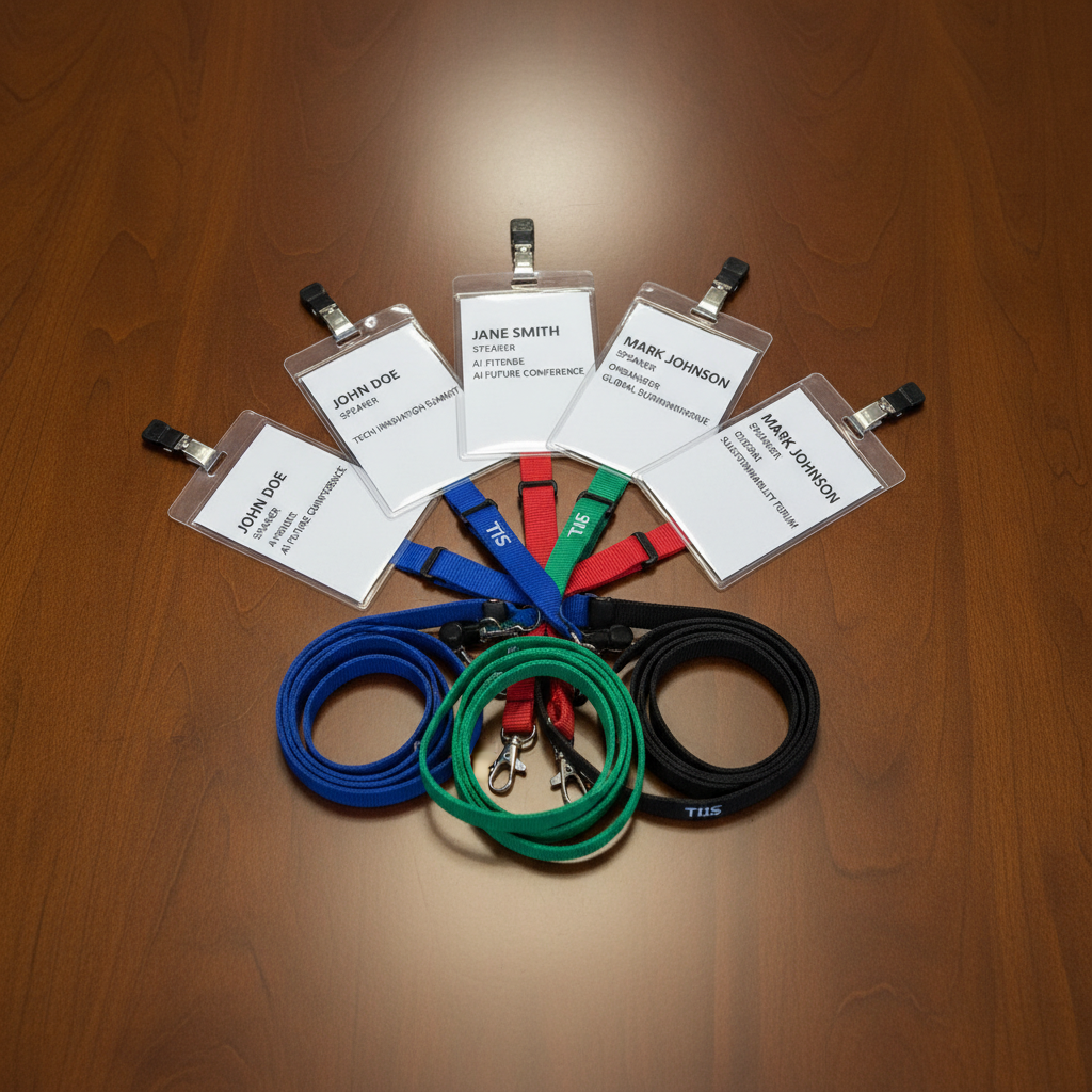 Event name badges and lanyards arranged on a conference table