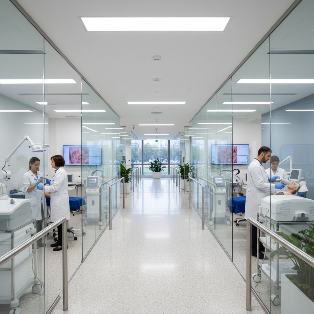 Modern medical research facility with advanced diagnostic equipment and clinical precision environment