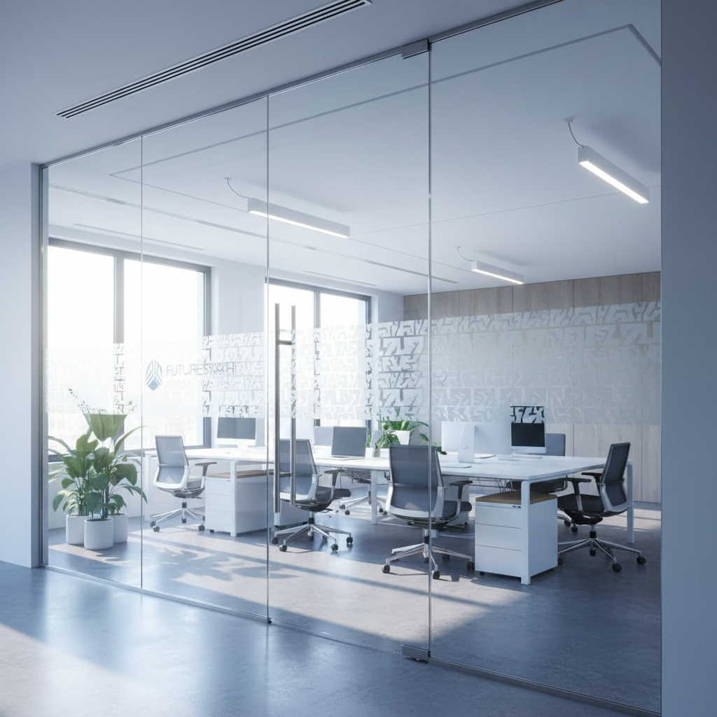 Frameless glass office wall with integrated door and frosted manifestation graphics