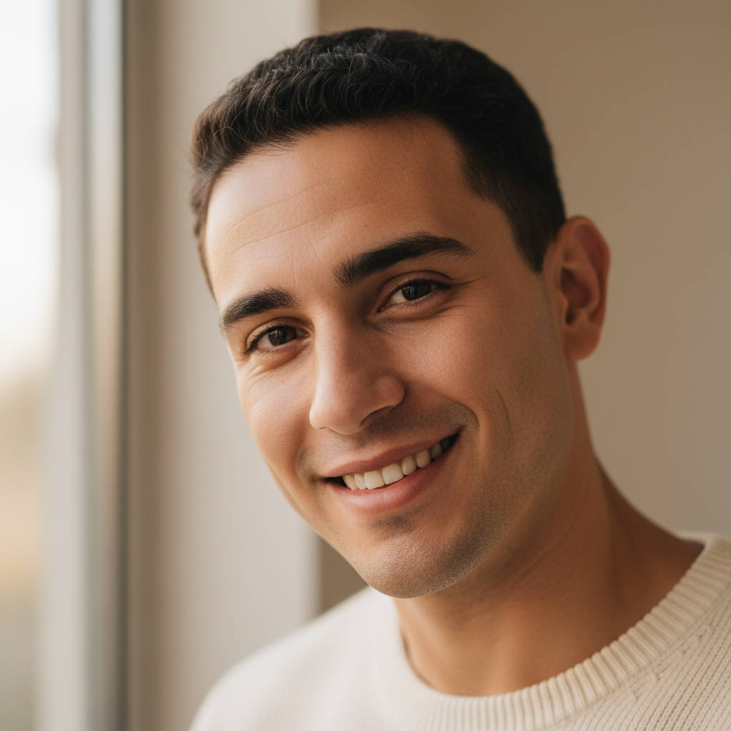 Young Hispanic man with dark hair, confident expression, studio portrait