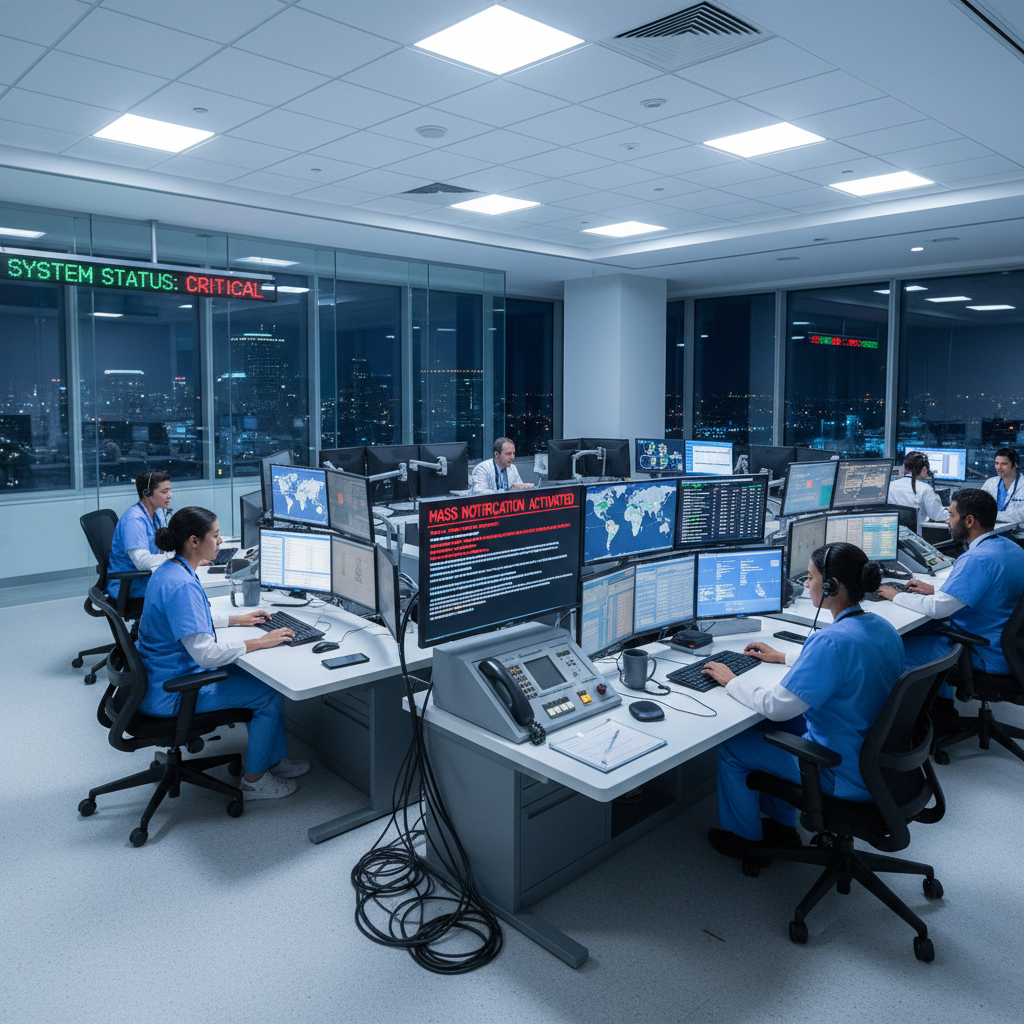 Healthcare emergency operations center showing mass notification system sending simultaneous alerts to staff, patients, and external agencies