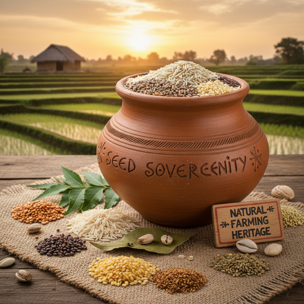 Traditional Indian seeds in earthen vessel, seed sovereignty, natural farming heritage