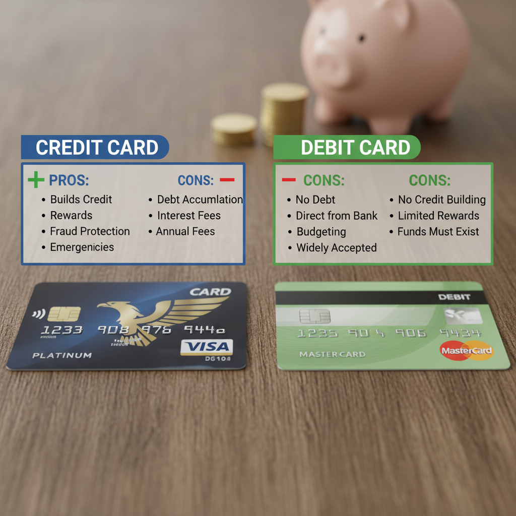 Credit card and debit card side by side with pros and cons comparison