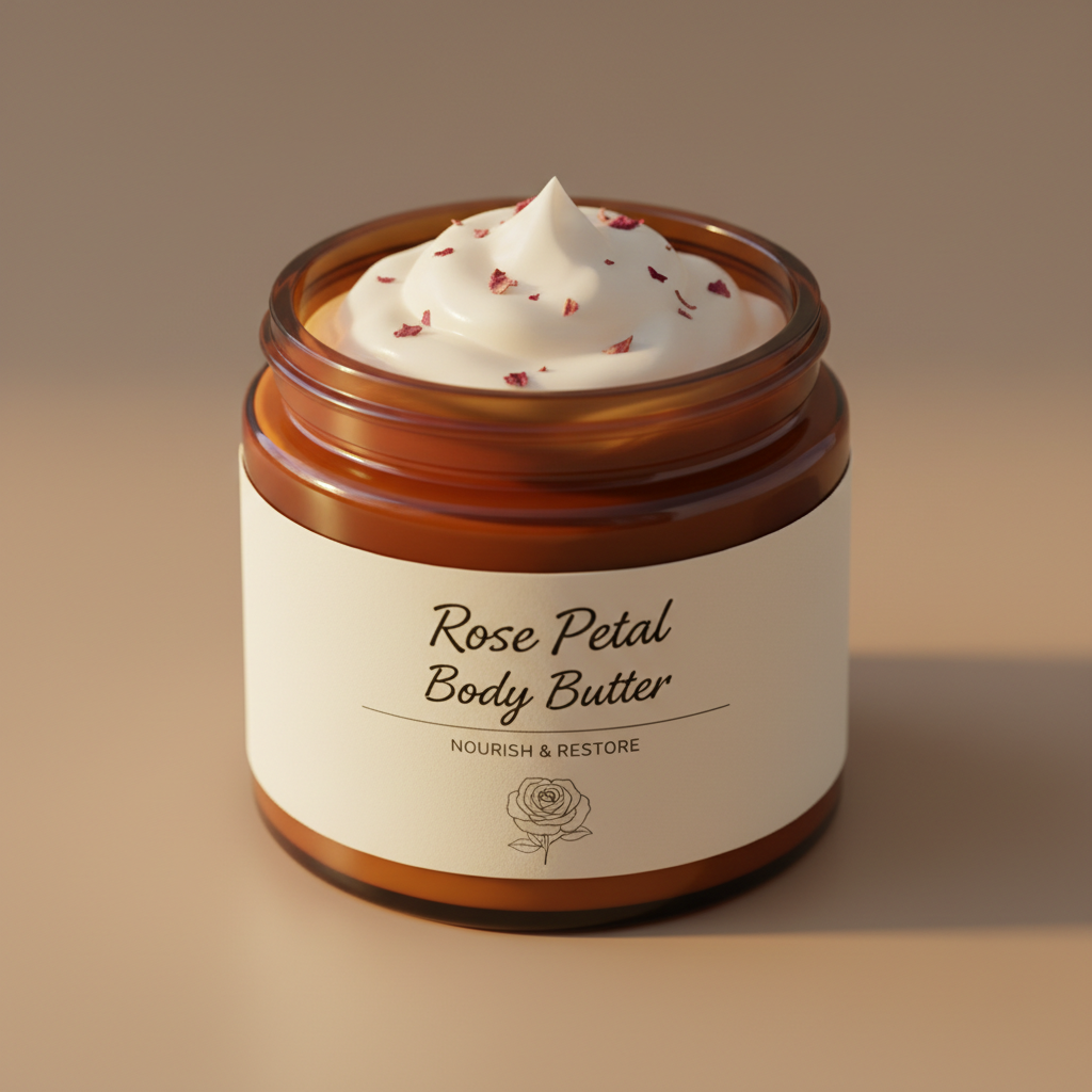 Cream colored body butter in dark glass jar with botanicals and crystals on dark surface