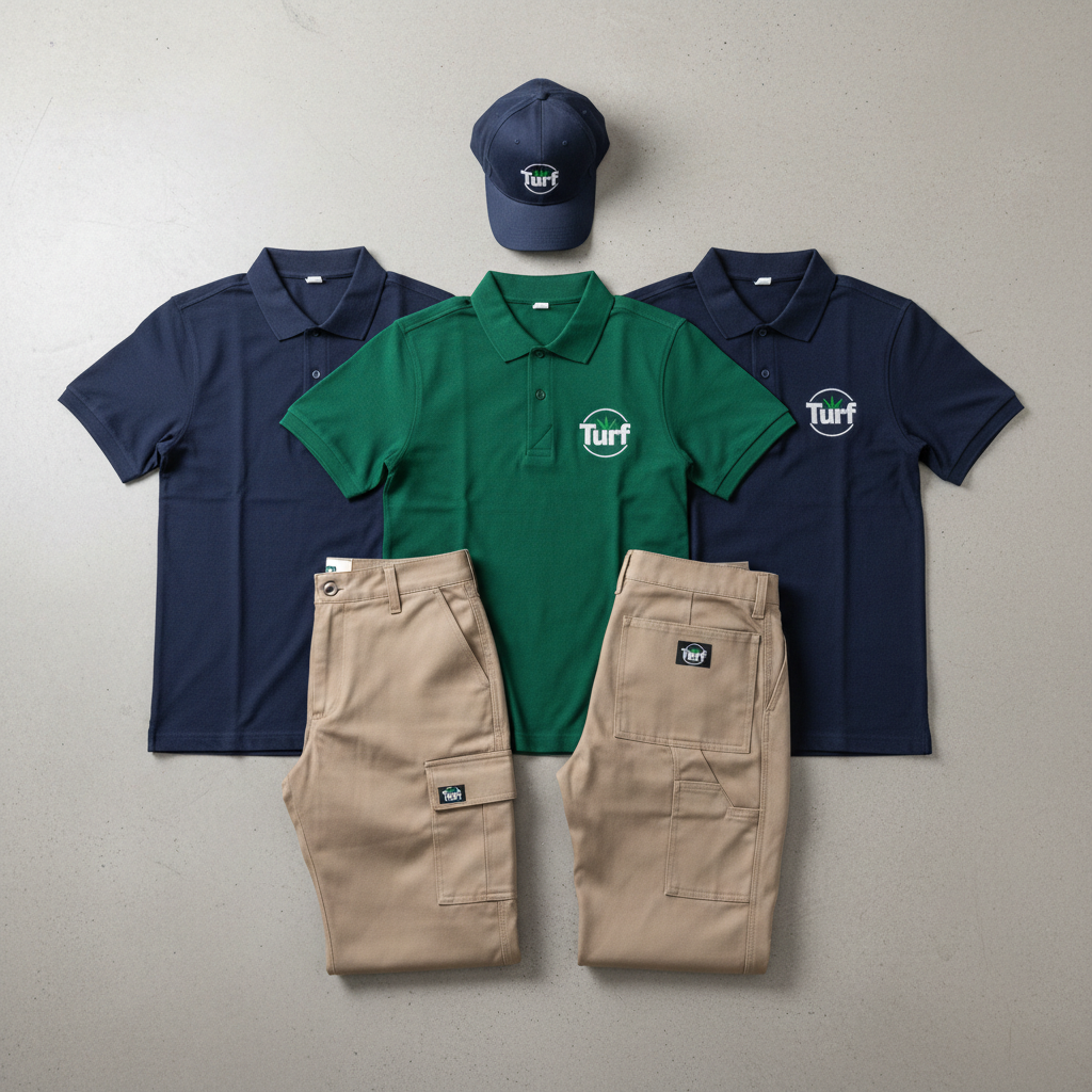 Turf branded uniform laid flat showing polo shirts, hat, and work pants