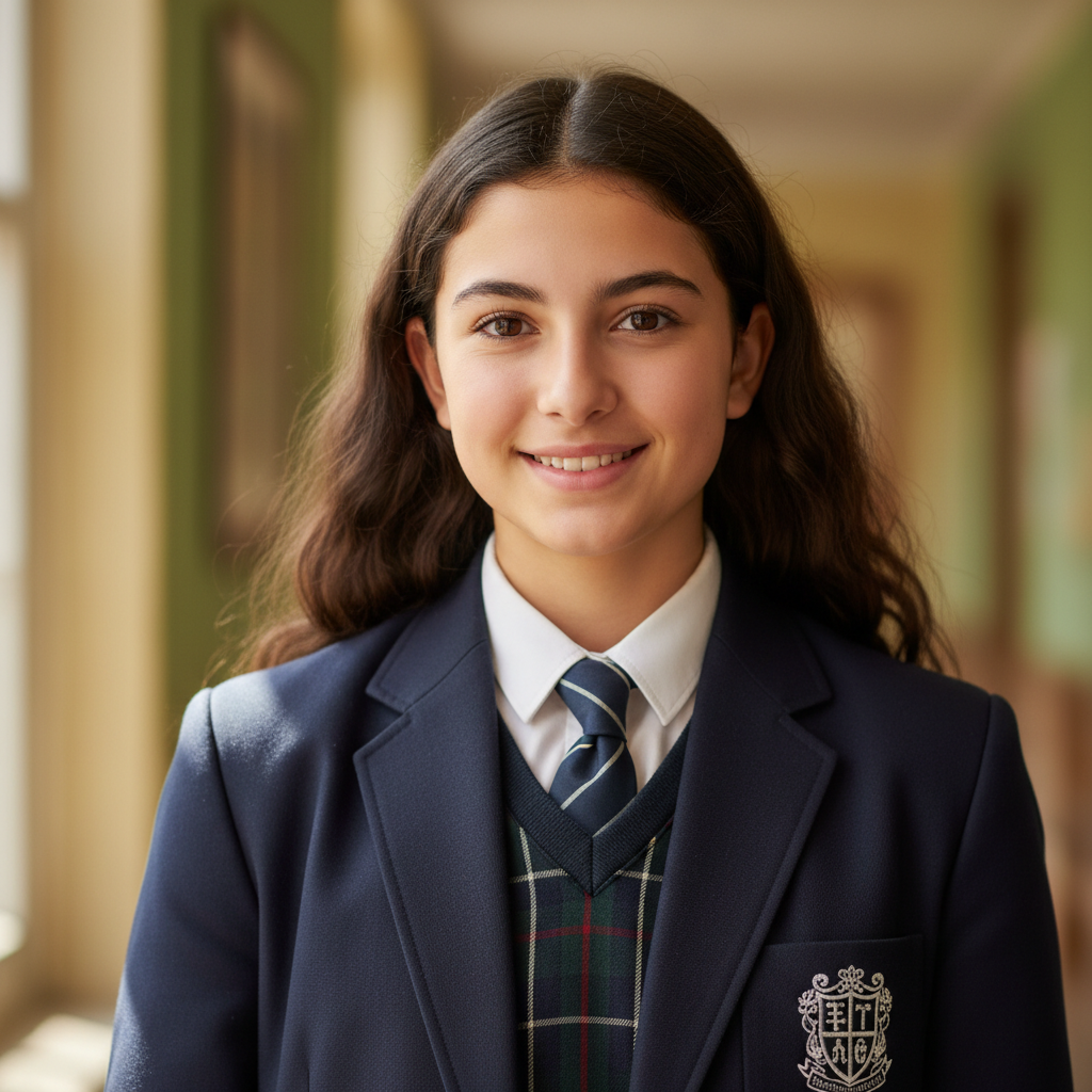 Smiling young Kenyan girl in blue school uniform holding tablet with educational content