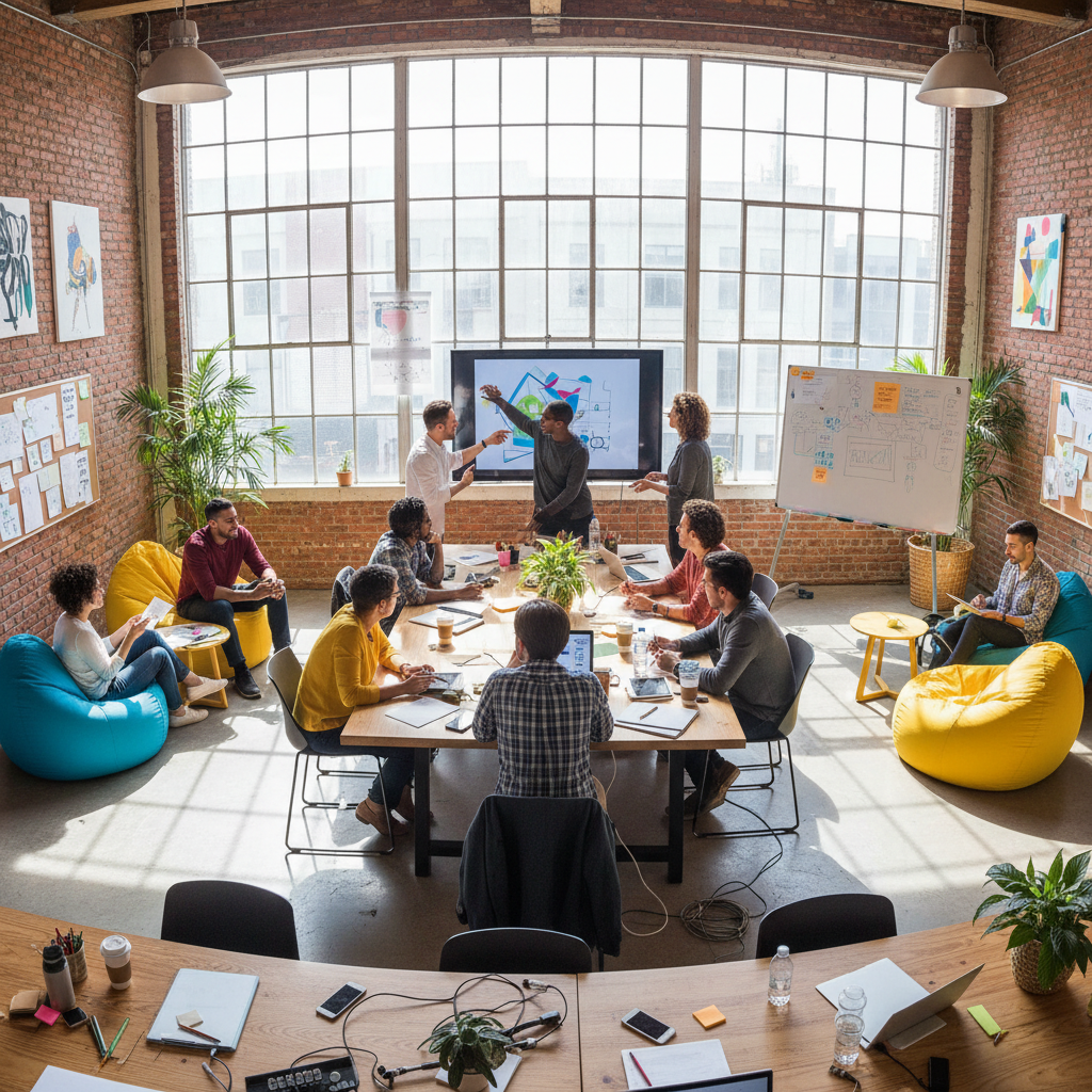 Diverse professional team collaborating in a bright modern office with glass walls and natural light