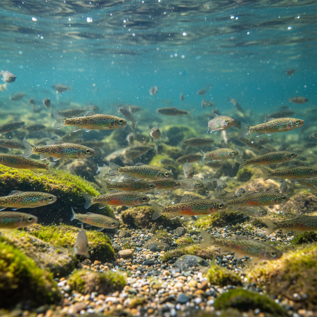 Dozens of small trout fingerlings swimming in clear cold water