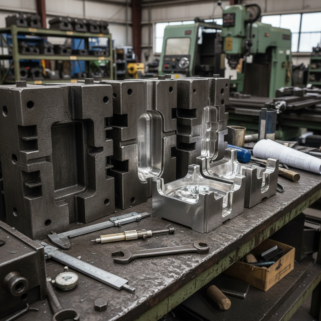 Industrial glass mold tooling on a machinist workbench with precision measurement tools and carbon steel molds
