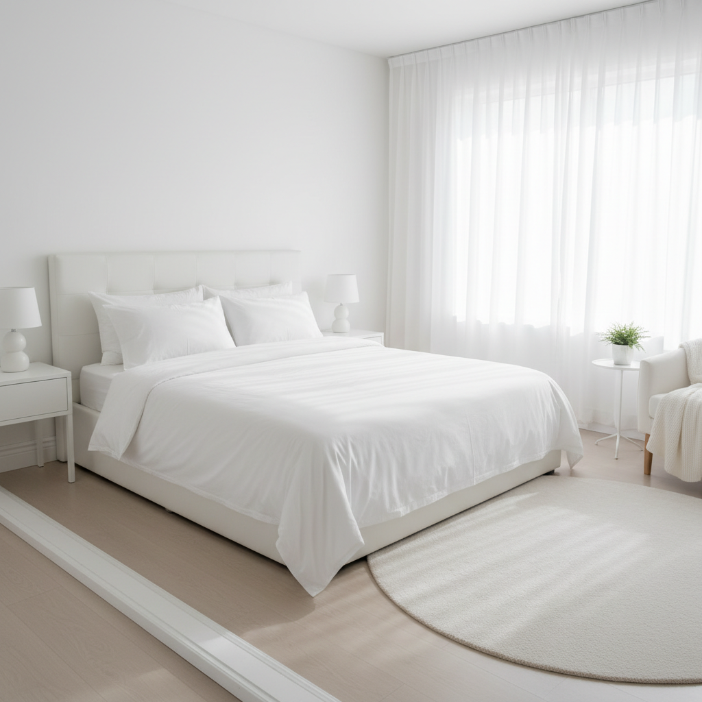 Pristine white bedroom with perfectly made bed and spotless baseboards after professional deep cleaning