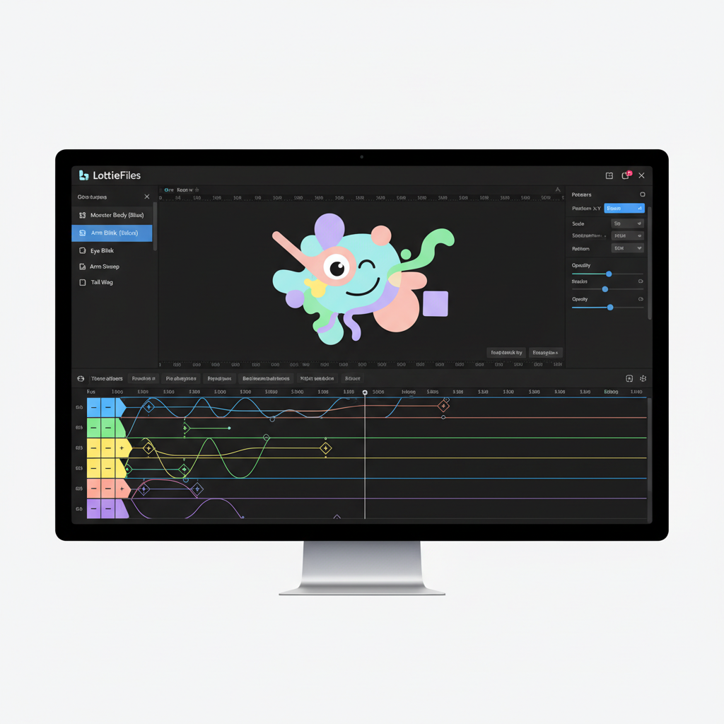 LottieFiles animation editor showing colorful motion graphics timeline