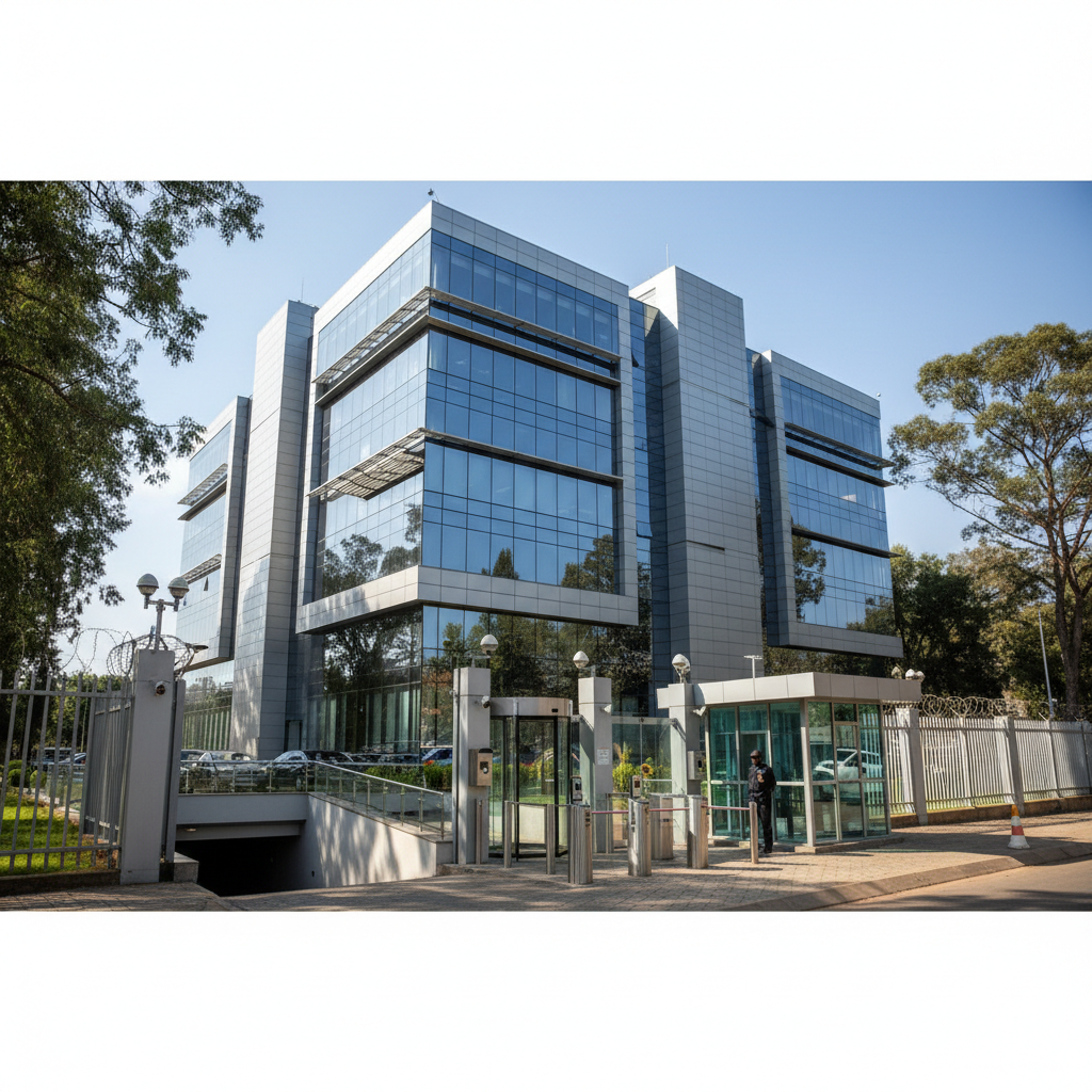 Modern Kenyan office building with security infrastructure, professional environment