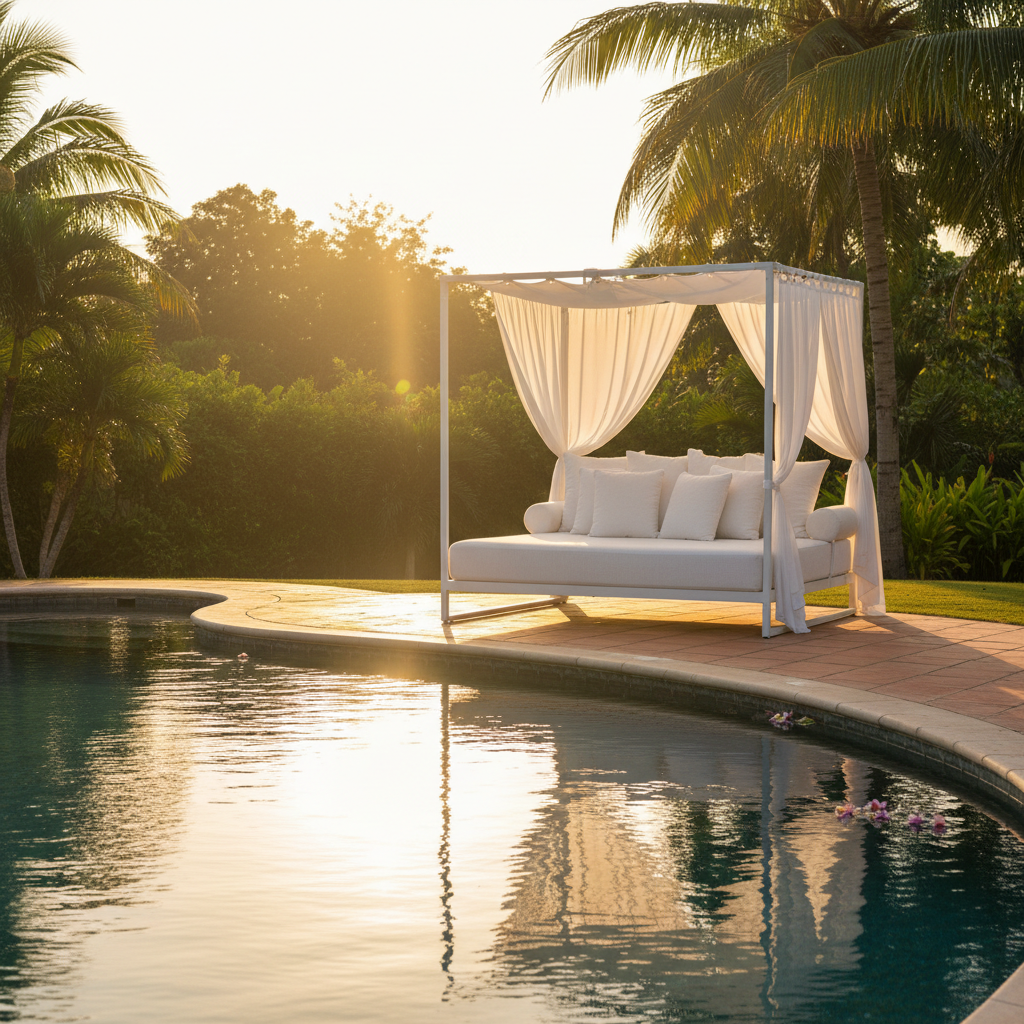 White cushioned outdoor daybed beside a pool reflecting golden afternoon light