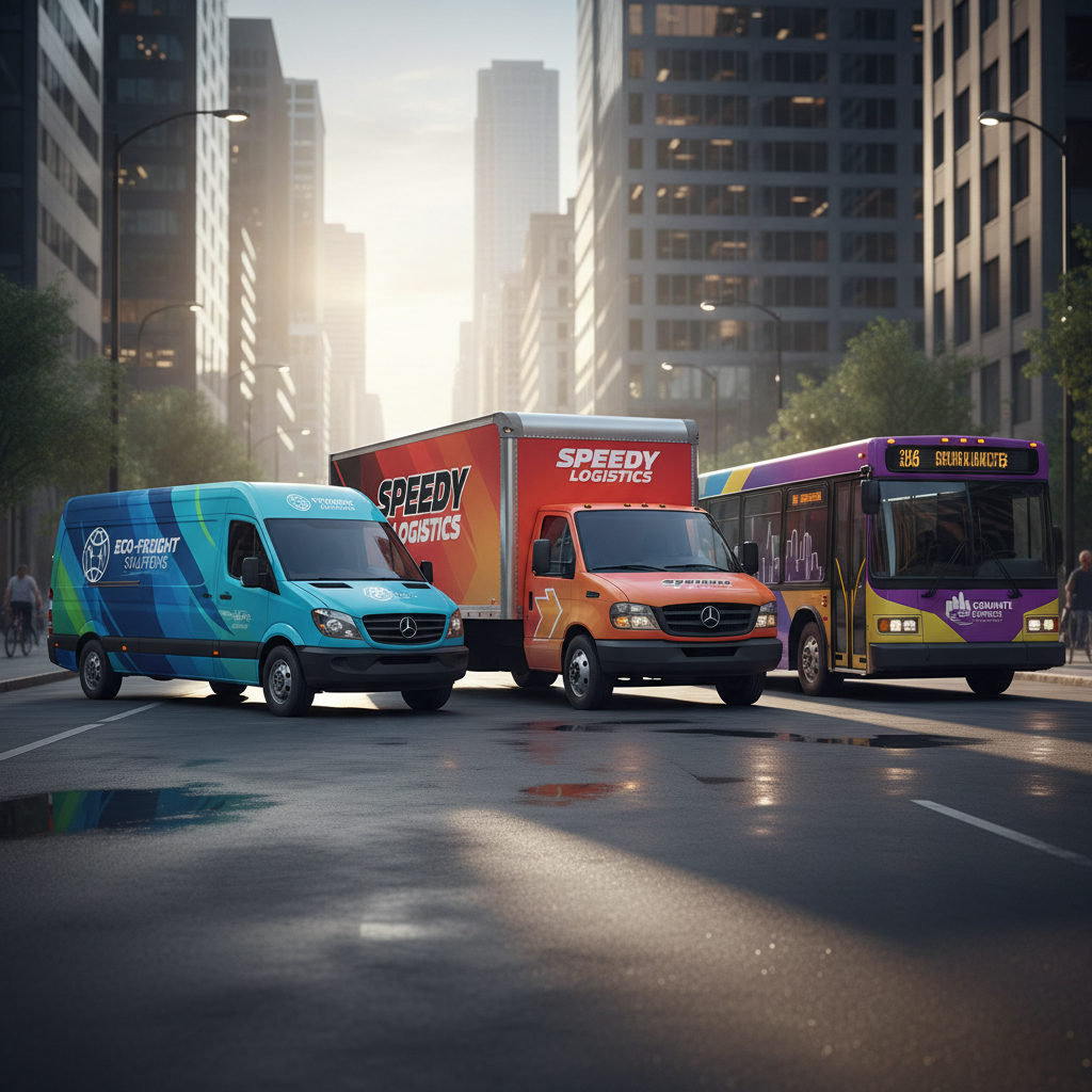 Professional commercial fleet vehicles with branded wraps, clean urban environment, daylight