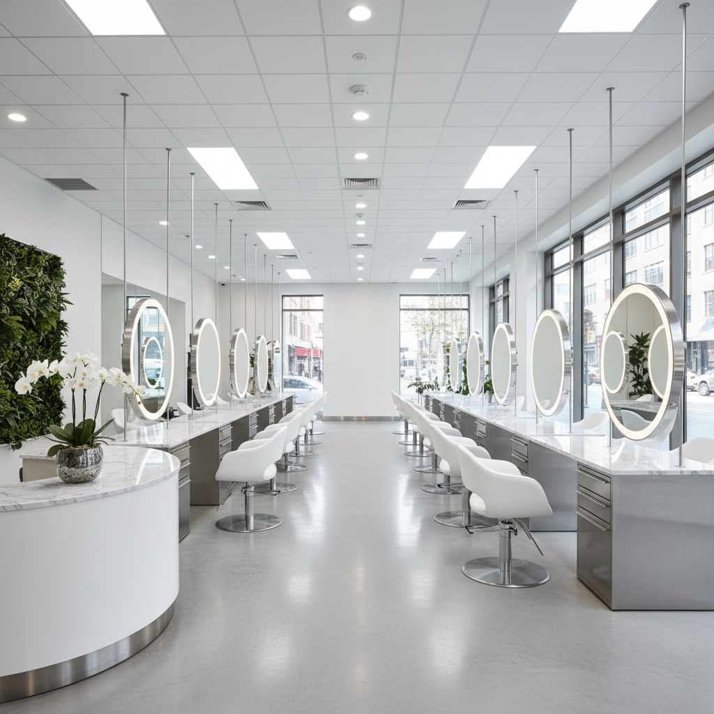 Beauty salon interior with professional styling chairs, warm lighting, modern decor and beauty products on display