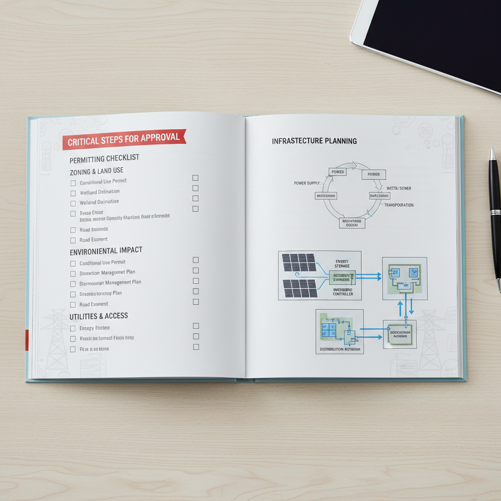 Siting Guide spread with permitting checklist and infrastructure planning diagrams
