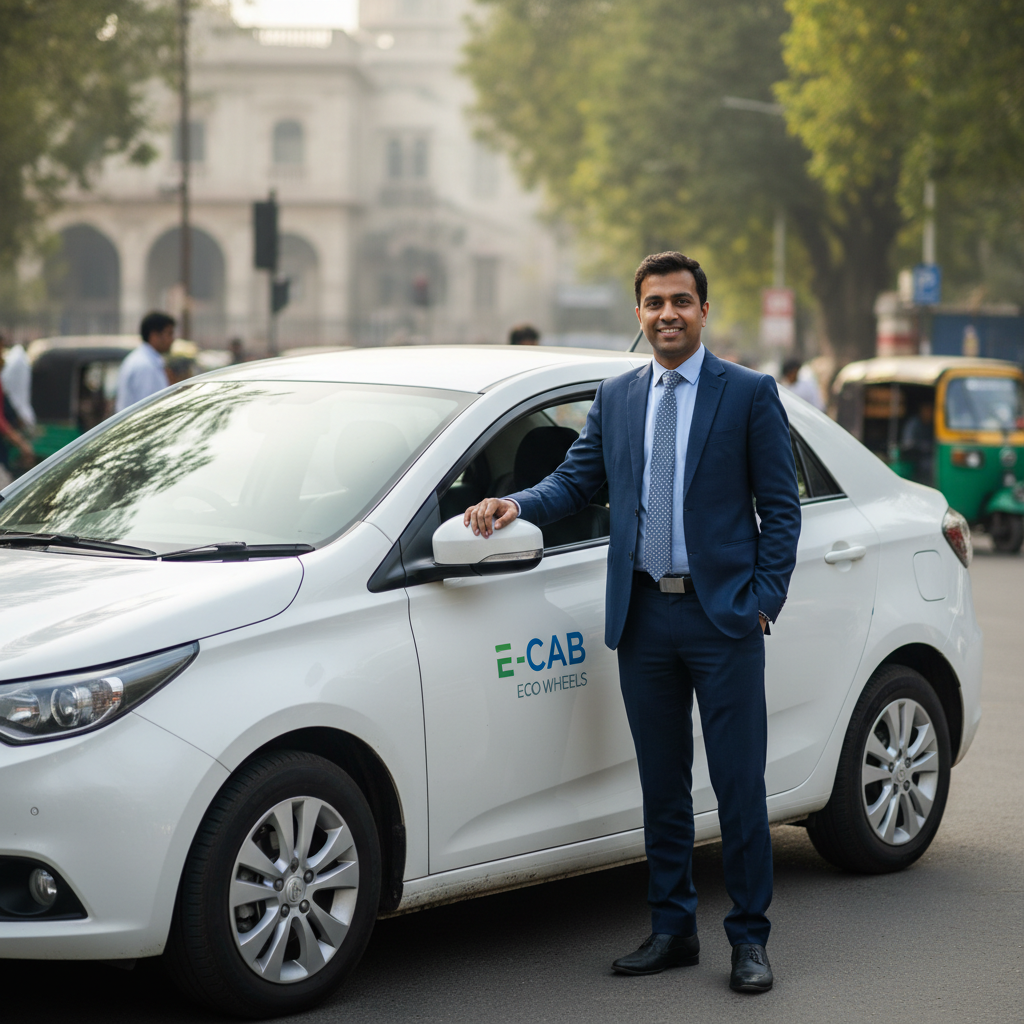 Founder standing next to a clean white cab in Delhi, professional and confident