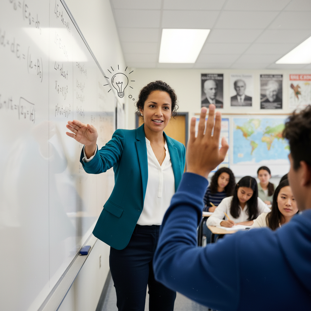 Teacher mid-sentence at whiteboard covered in equations, student's raised hand sharp in the foreground, shallow depth of field classroom scene