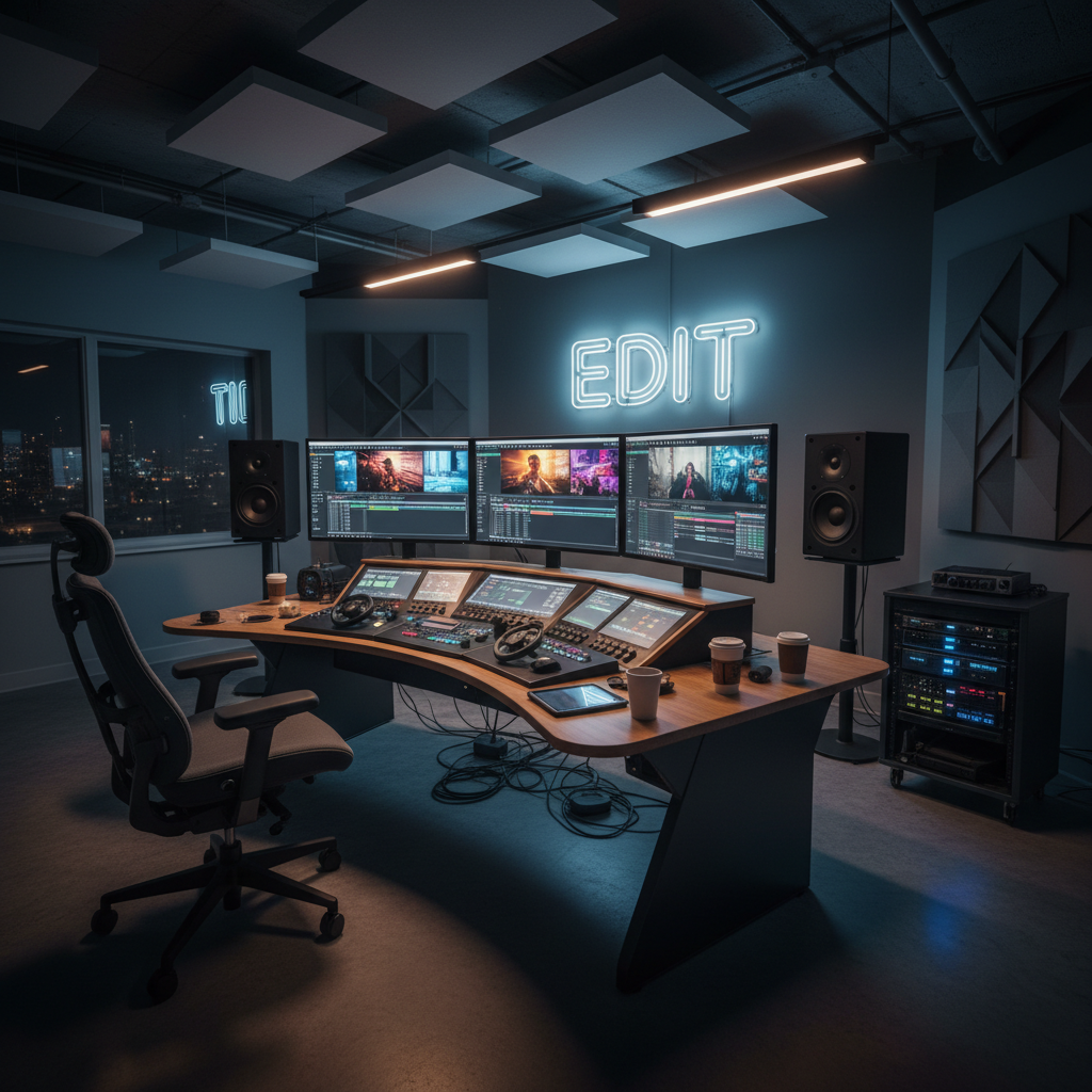 Professional video editing studio with dark lighting, multiple screens, cinematic workspace, professional equipment